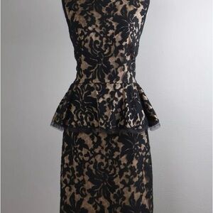TADASHI SHOJI Black Lace Beige Lined Peplum Pencil Evening Dress Size 8